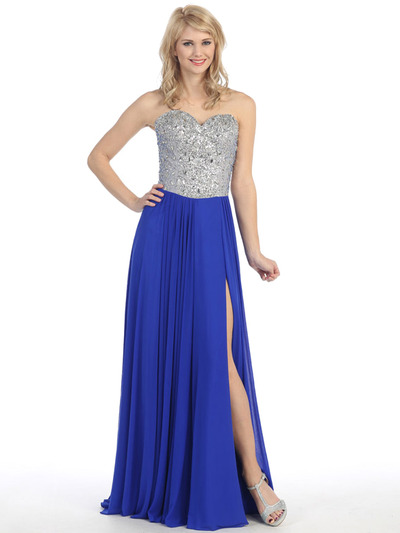 E3006 Sweetheart Neckline Jewel Bodice Chiffon Evening Dress - Royal Blue, Alt View Medium