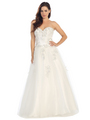 E3010 A Floral Satin Top Sweetheart Neckline Ball Gown - Off White, Front View Thumbnail