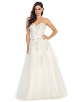 E3010 A Floral Satin Top Sweetheart Neckline Ball Gown, Off White