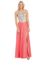 E3016 Embellished Strapless Chiffon Gown - Coral, Front View Thumbnail