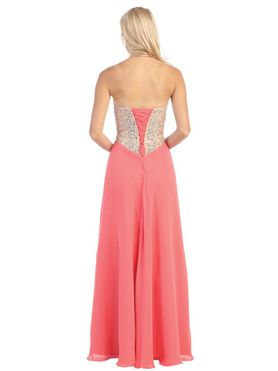 E3016 Embellished Strapless Chiffon Gown - Coral, Back View Medium
