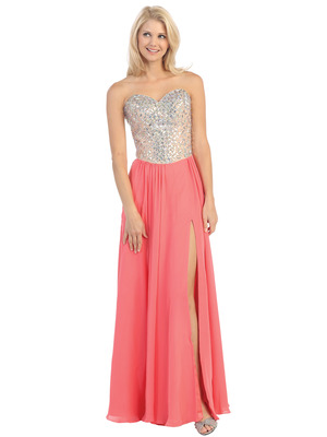 E3016 Embellished Strapless Chiffon Gown, Coral