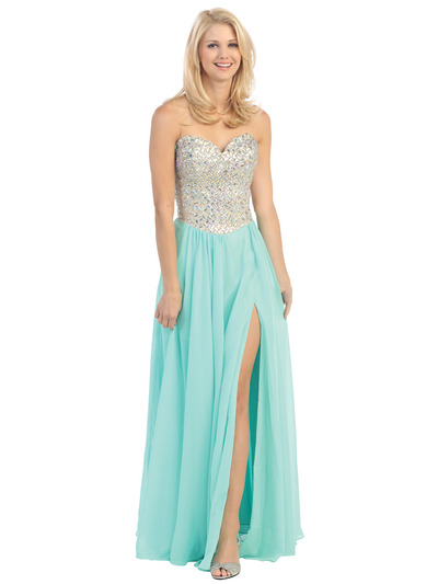 E3016 Embellished Strapless Chiffon Gown - Mint, Front View Medium