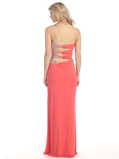 E3101 Embellished Strapless Gown with Side Cutout - Coral, Back View Medium