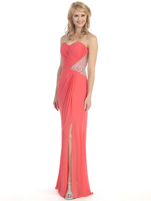 E3101 Embellished Strapless Gown with Side Cutout, Coral