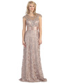 E3200 Lace Overlay Cap Sleeve Evening Dress with Sash - Mocha, Front View Thumbnail