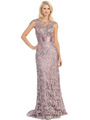 E3200 Lace Overlay Cap Sleeve Evening Dress with Sash - Victorian Lilac, Front View Thumbnail