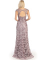 E3200 Lace Overlay Cap Sleeve Evening Dress with Sash - Victorian Lilac, Back View Thumbnail