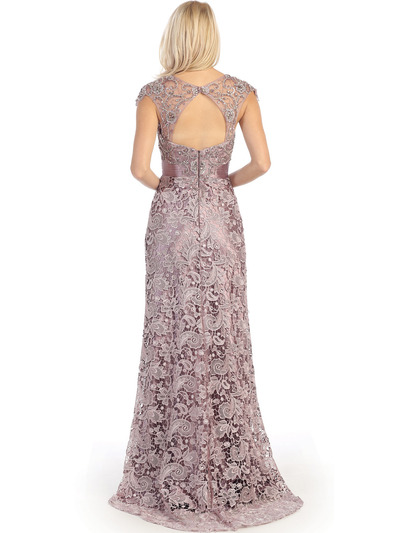 E3200 Lace Overlay Cap Sleeve Evening Dress with Sash - Victorian Lilac, Back View Medium