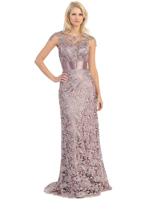 E3200 Lace Overlay Cap Sleeve Evening Dress with Sash, Victorian Lilac