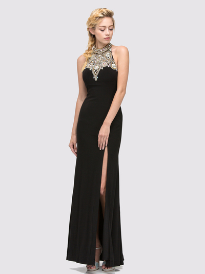 E4010 Halter Neck  Jewels Illusion Evening Dress with Slit - Black, Front View Medium
