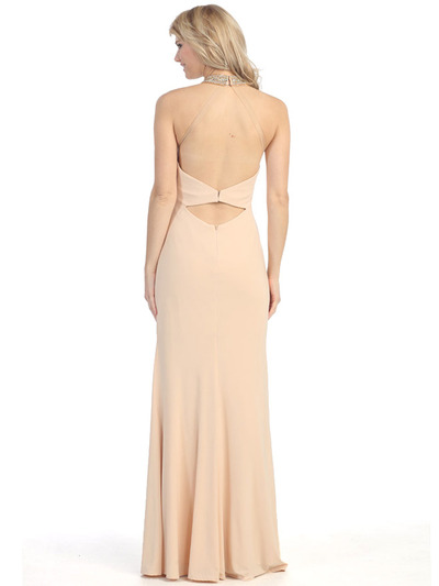 E4010 Halter Neck  Jewels Illusion Evening Dress with Slit - Champagne, Back View Medium