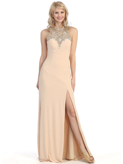 E4010 Halter Neck  Jewels Illusion Evening Dress with Slit - Champagne, Front View Medium