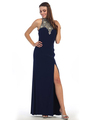 E4010 Halter Neck  Jewels Illusion Evening Dress with Slit - Navy, Front View Thumbnail