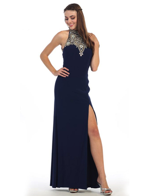 E4010 Halter Neck  Jewels Illusion Evening Dress with Slit, Navy