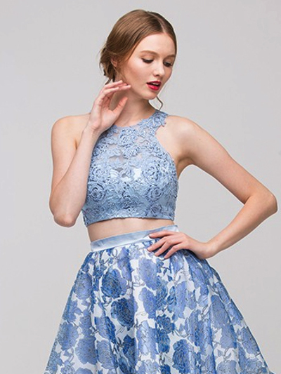 E4222 Two Piece Floral Print Prom Dress - Silver Blue, Front View Medium