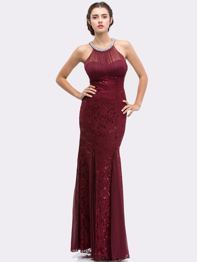 E5030 Jeweled Halter Evening Dress - Burgundy, Front View Medium