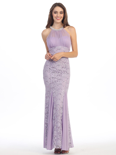 E5030 Jeweled Halter Evening Dress - Lilac, Front View Medium