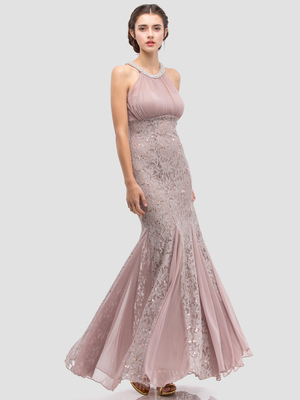 E5030 Jeweled Halter Evening Dress, Mocha