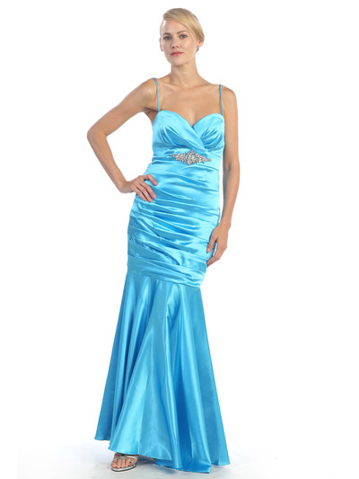 EV3004 Pleated Satin Evening Dress - Turquoise, Front View Medium