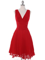 EV3055 Pleated V-neck Cocktail Dress - Red, Front View Thumbnail