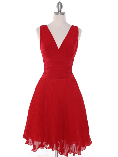 EV3055 Pleated V-neck Cocktail Dress - Red, Front View Medium
