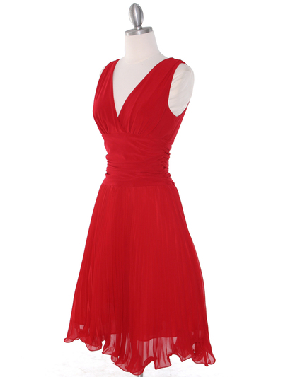 EV3055 Pleated V-neck Cocktail Dress - Red, Alt View Medium