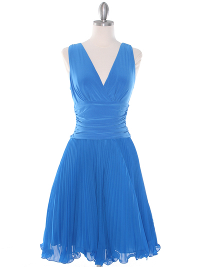 EV3055 Pleated V-neck Cocktail Dress - Turquoise, Front View Medium
