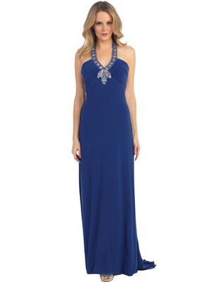 EV3056 Embellished Halter Evening Dress, Royal Blue