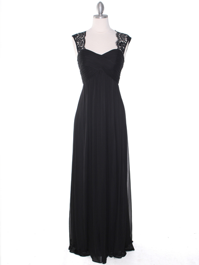 EV3073 Lace & Cap Sleeves Shoulder Evening Dress - Black, Front View Medium