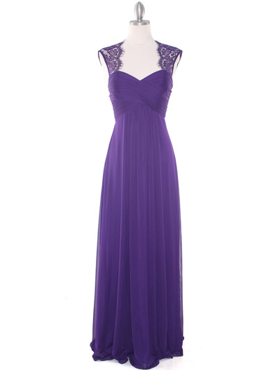 EV3073 Lace & Cap Sleeves Shoulder Evening Dress - Purple, Front View Medium