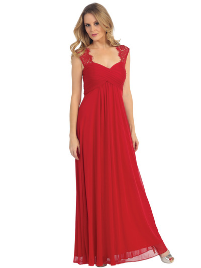 EV3073 Lace & Cap Sleeves Shoulder Evening Dress - Red, Front View Medium