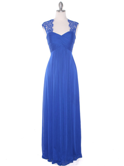 EV3073 Lace & Cap Sleeves Shoulder Evening Dress - Royal Blue, Front View Medium