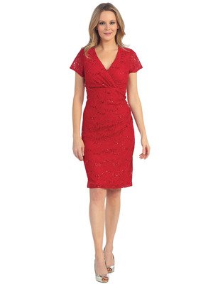 EV3079 Lace Short Sleeves Cocktail Dress, Red