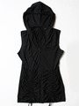 FH010 Shirred Zip Front Vest with Hoodie - Black, Front View Thumbnail