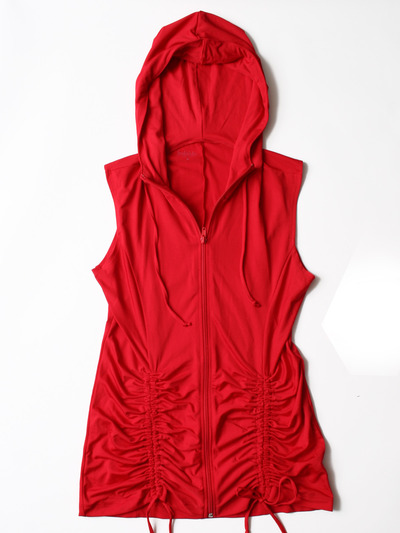 FH010 Shirred Zip Front Vest with Hoodie - Red, Front View Medium