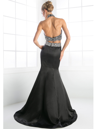 FY-241 Two Piece Beaded Halter Top Trumpet Prom Gown - Black, Back View Medium