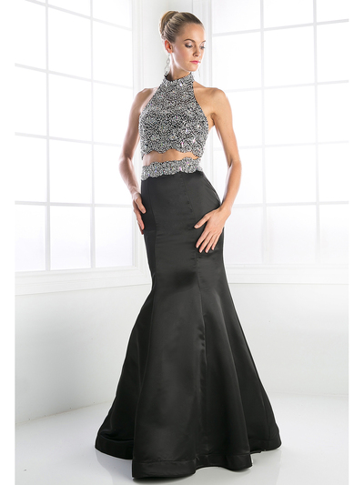 FY-241 Two Piece Beaded Halter Top Trumpet Prom Gown - Black, Front View Medium