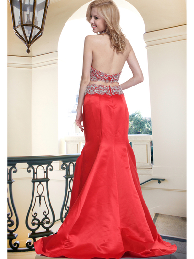 FY-241 Two Piece Beaded Halter Top Trumpet Prom Gown - Red, Back View Medium