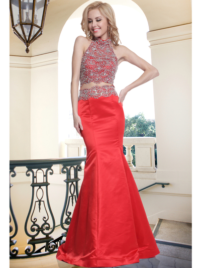 FY-241 Two Piece Beaded Halter Top Trumpet Prom Gown - Red, Front View Medium