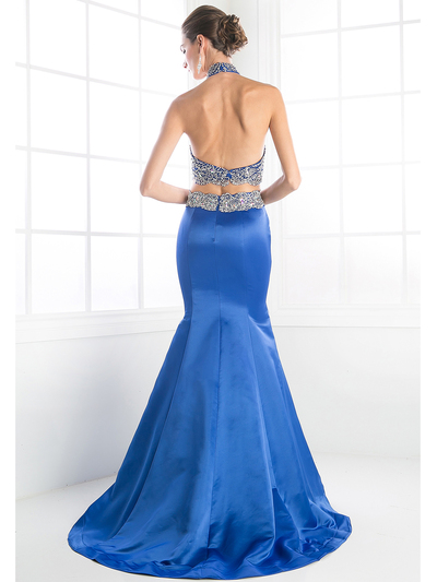 FY-241 Two Piece Beaded Halter Top Trumpet Prom Gown - Royal, Back View Medium