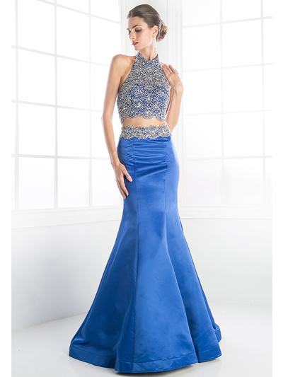 FY-241 Two Piece Beaded Halter Top Trumpet Prom Gown - Royal, Front View Medium