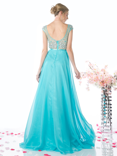 FY-CB757 Cap Sleeve Beaded Top Prom Dress - Aqua, Back View Medium