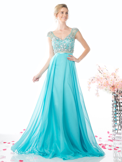 FY-CB757 Cap Sleeve Beaded Top Prom Dress - Aqua, Front View Medium