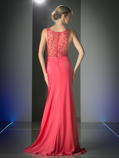 FY-CF191 Illusion Floral Bodice Evening Dress - Hot Pink, Back View Medium