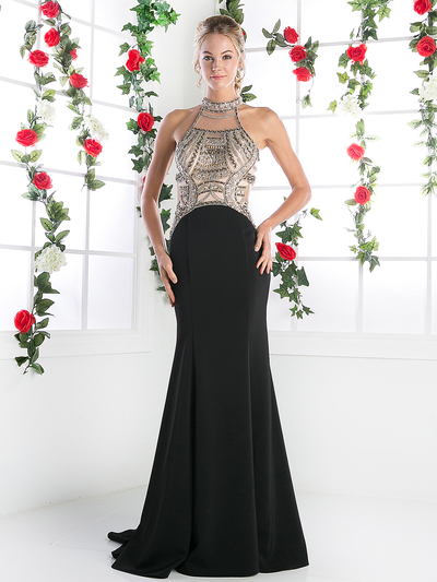 FY-CK23 Halter Top Evening Dress with Open Back - Black, Front View Medium