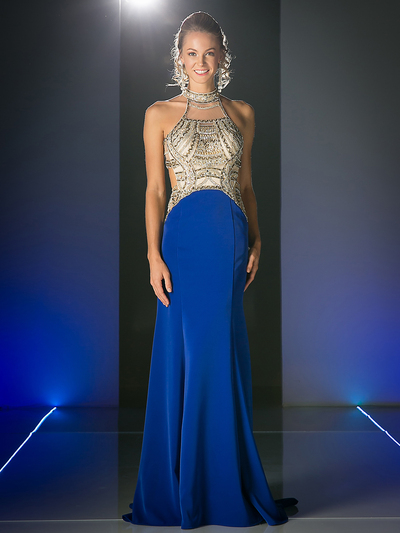 FY-CK23 Halter Top Evening Dress with Open Back - Royal, Front View Medium