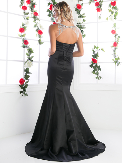 FY-CK36 Trumpet Prom Gown with illusion Neckline - Black, Back View Medium
