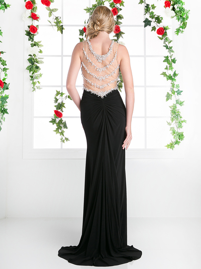 FY-CP804 Jeweled Necklace Long Evening Dress with Train - Black, Back View Medium
