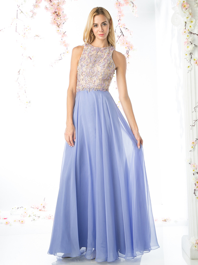 FY-CP806 High Neck Sleeveless Beaded Bodice Prom Dress - Perry Blue, Front View Medium